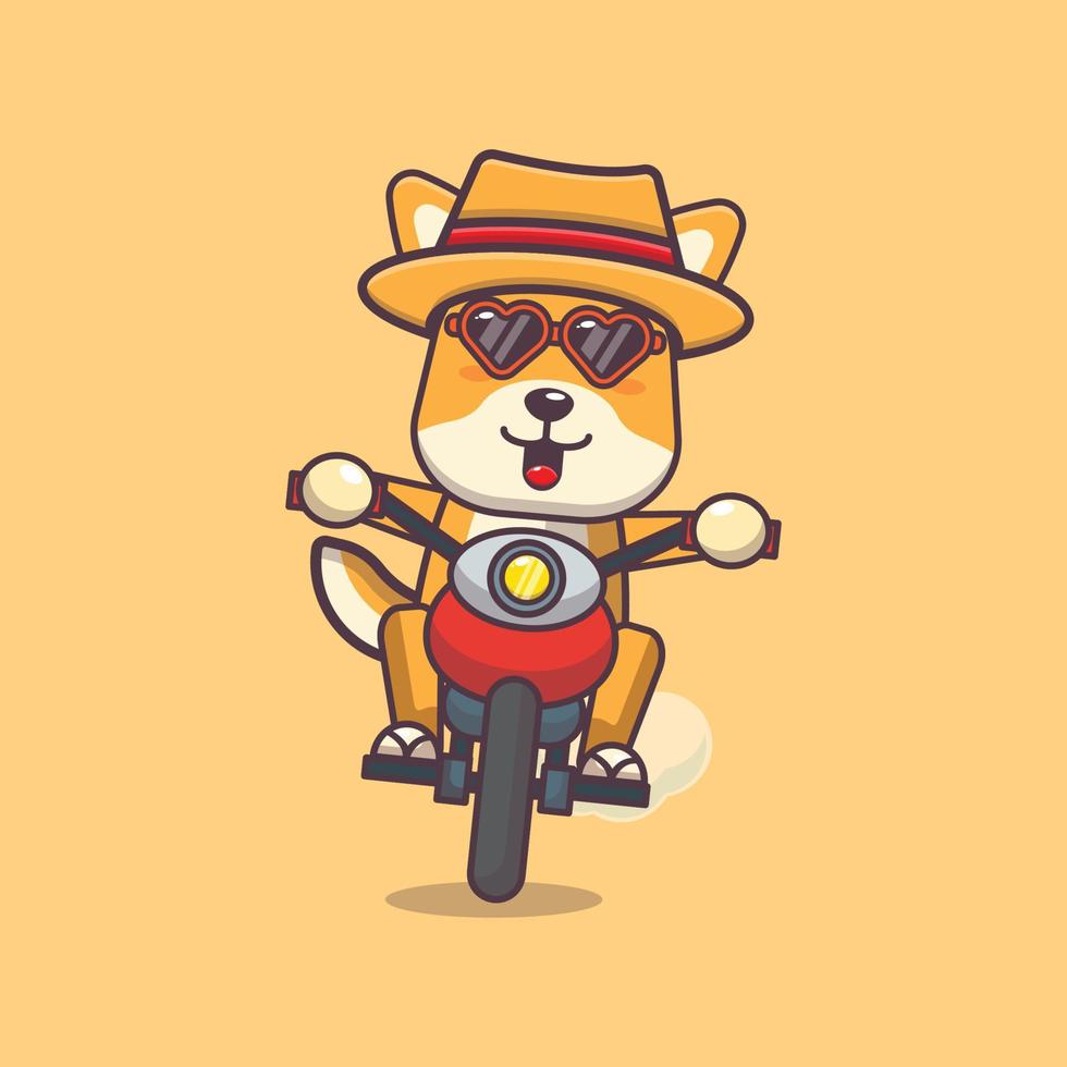il personaggio della mascotte dei cartoni animati del cane shiba inu cool in occhiali da sole guida la moto in un giorno d'estate vettore