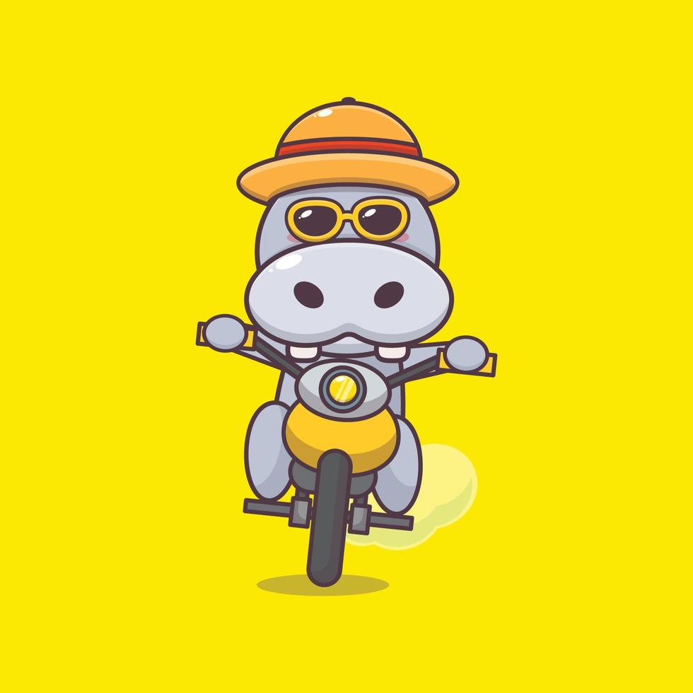 il personaggio della mascotte dei cartoni animati dell'ippopotamo fresco in occhiali da sole guida la moto in un giorno d'estate vettore
