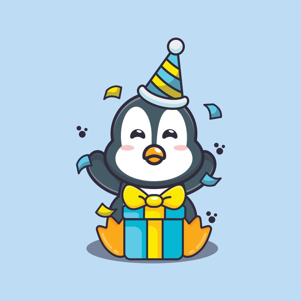 simpatico pinguino nell'illustrazione di vettore del fumetto della festa di compleanno