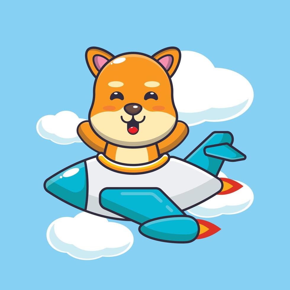 simpatico personaggio dei cartoni animati della mascotte del cane di shiba inu giro sul jet dell'aereo vettore