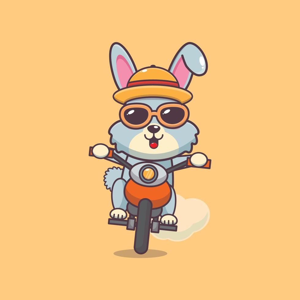 il personaggio della mascotte dei cartoni animati di coniglio fresco in occhiali da sole guida la moto in un giorno d'estate vettore