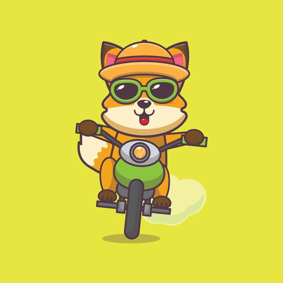 il personaggio della mascotte dei cartoni animati della volpe fresca in occhiali da sole guida la moto in un giorno d'estate vettore