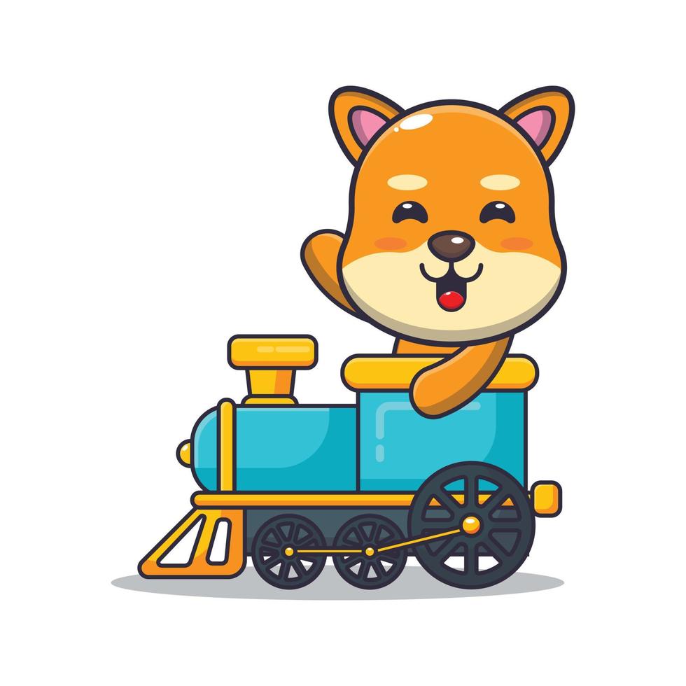 carino shiba inu cane mascotte personaggio dei cartoni animati giro in treno vettore