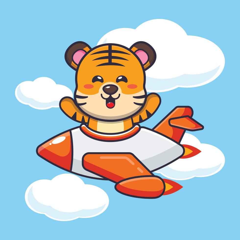 simpatico personaggio dei cartoni animati della mascotte della tigre giro sul jet aereo vettore