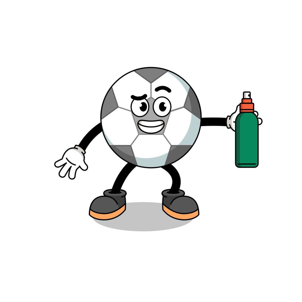 illustrazione del pallone da calcio cartone animato che tiene un repellente per zanzare vettore