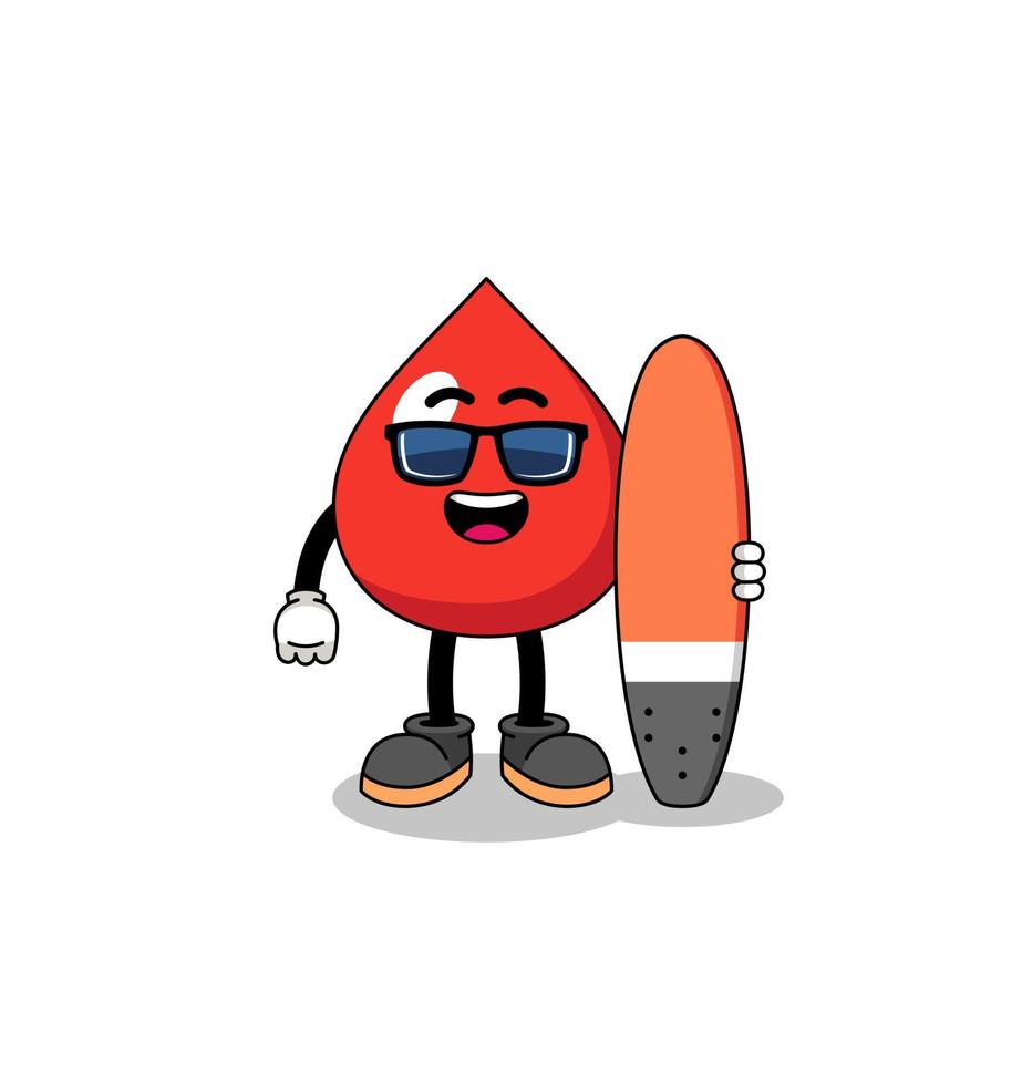 mascotte cartone animato di sangue come surfista vettore