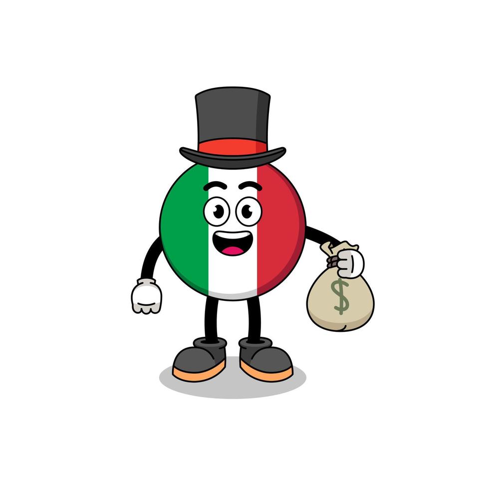 illustrazione della mascotte della bandiera dell'italia uomo ricco che tiene un sacco di soldi vettore