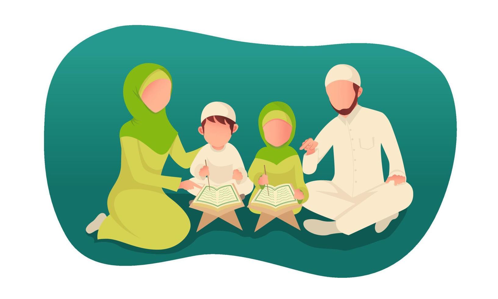 genitore musulmano che insegna il sacro Corano per i suoi figli. vettore