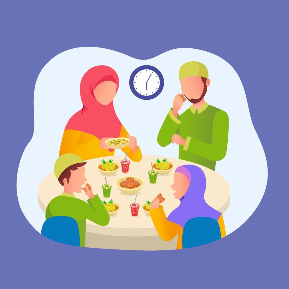 famiglia musulmana che mangia iftar dopo il digiuno in ramadan. riunione di famiglia a cena in ramadan. vettore