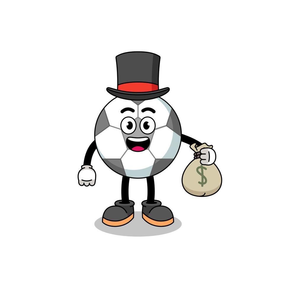 illustrazione della mascotte del pallone da calcio uomo ricco che tiene un sacco di soldi vettore