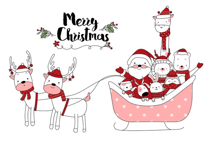 Simpatici animali Buon Natale in slitta disegnata a mano design vettore