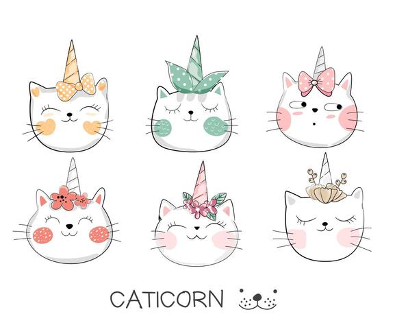 Carino Baby Caticorn Set disegnato a mano vettore