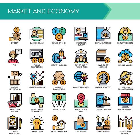 Set di icone di economia di mercato di linea sottile di colore vettore