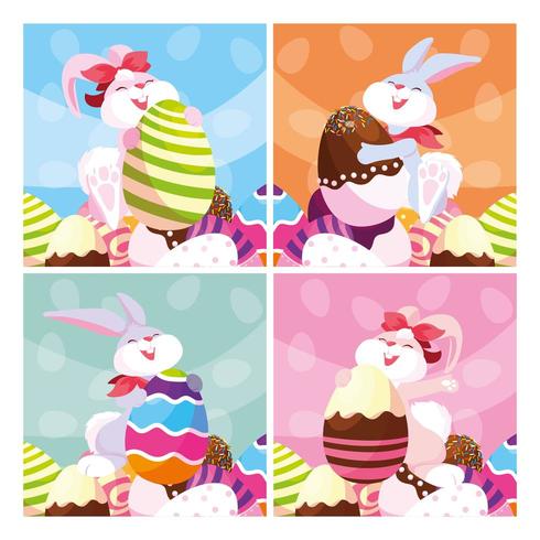 set di carte con conigli e uova di Pasqua vettore
