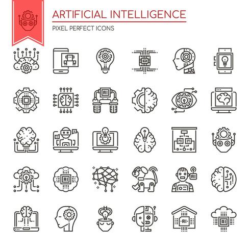 Set di icone di intelligenza artificiale bianco e nero linea sottile vettore