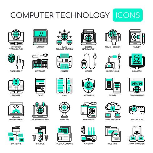 Set di icone monocromatiche di tecnologia informatica linea sottile vettore