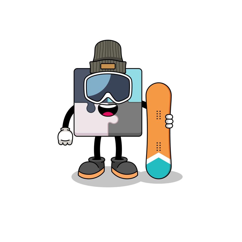 mascotte cartone animato di puzzle giocatore di snowboard vettore