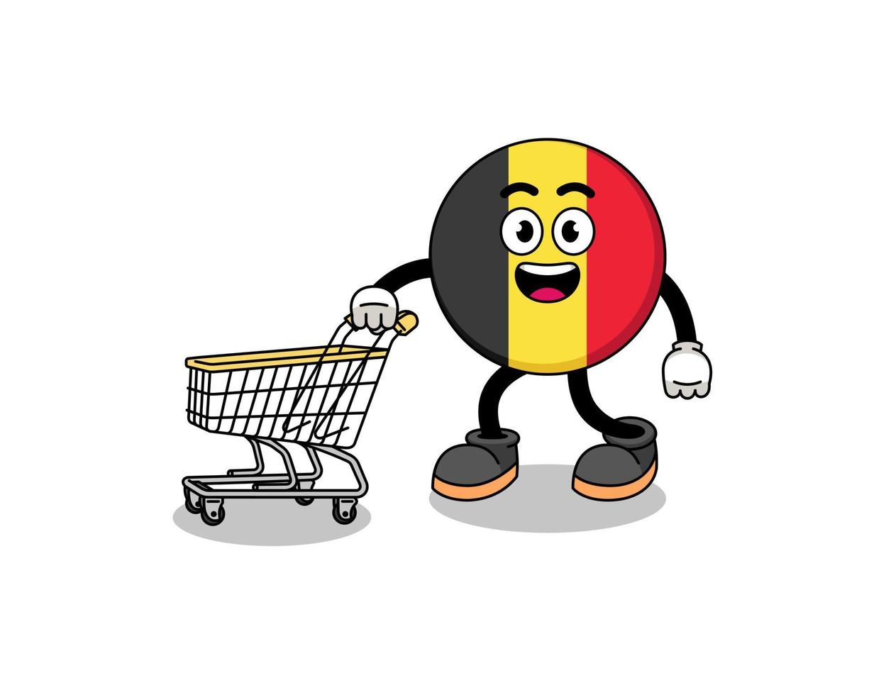 cartone animato della bandiera del Belgio che tiene un carrello della spesa vettore