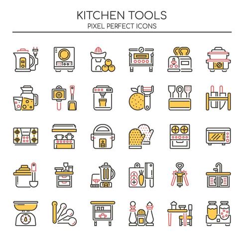 Set di icone di utensili da cucina linea sottile due tonalità vettore