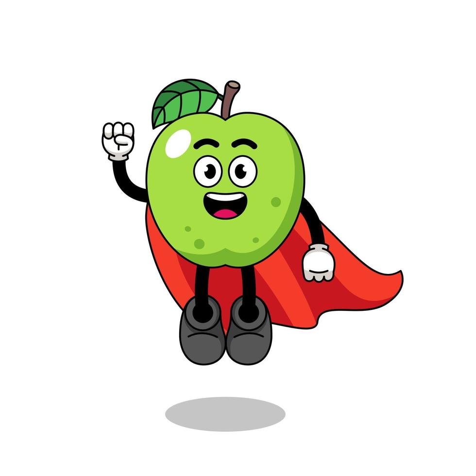 cartone animato mela verde con supereroe volante vettore