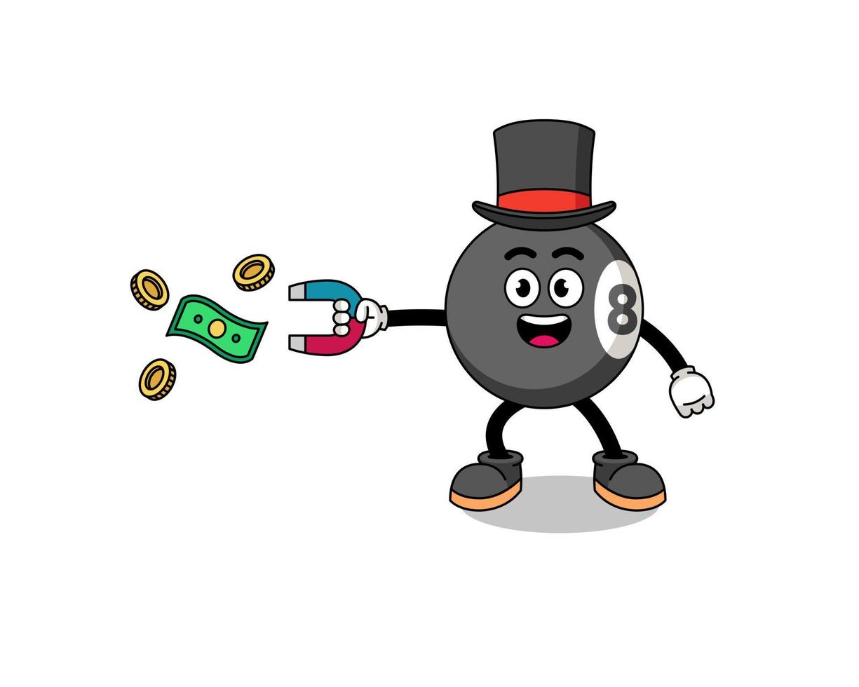 illustrazione del personaggio della palla da biliardo che cattura i soldi con un magnete vettore