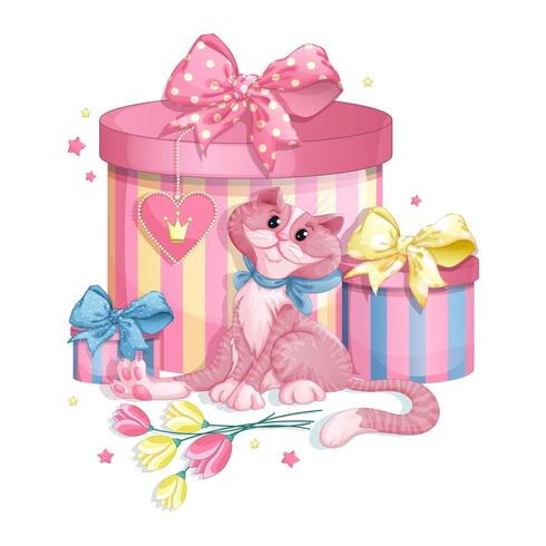 Gatto rosa con scatole regalo vettore