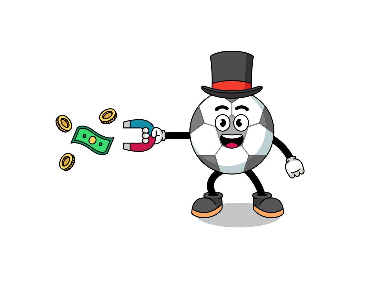 illustrazione del personaggio del pallone da calcio che cattura i soldi con un magnete vettore