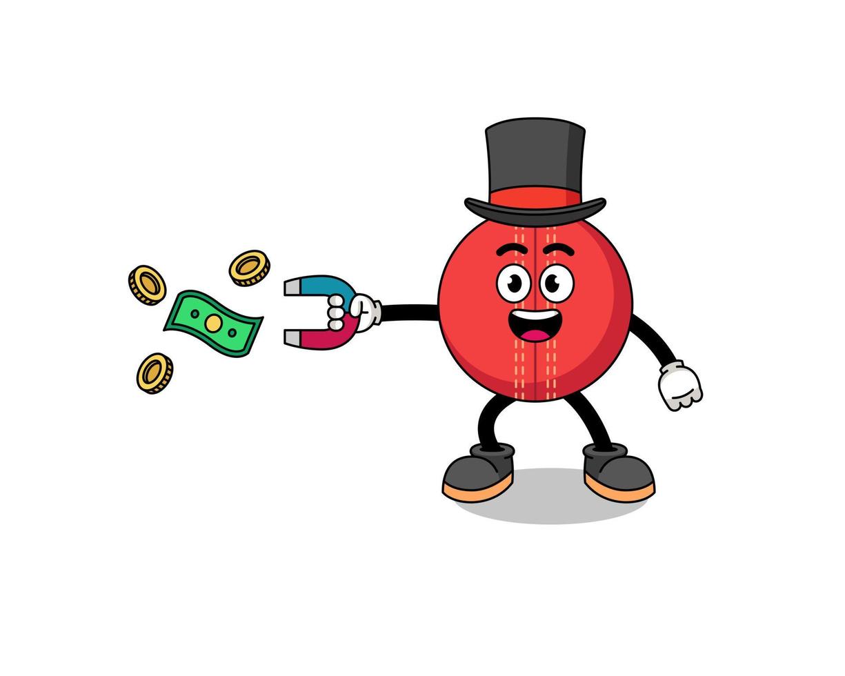 illustrazione del personaggio della palla da cricket che cattura i soldi con un magnete vettore