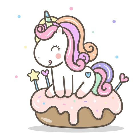 Unicorno kawaii e ciambella rosa vettore