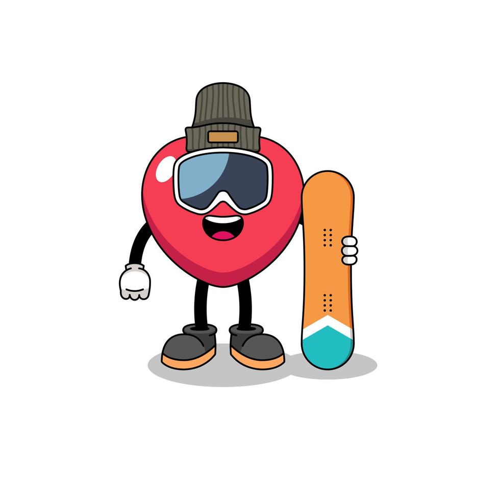 mascotte cartone animato di amore giocatore di snowboard vettore
