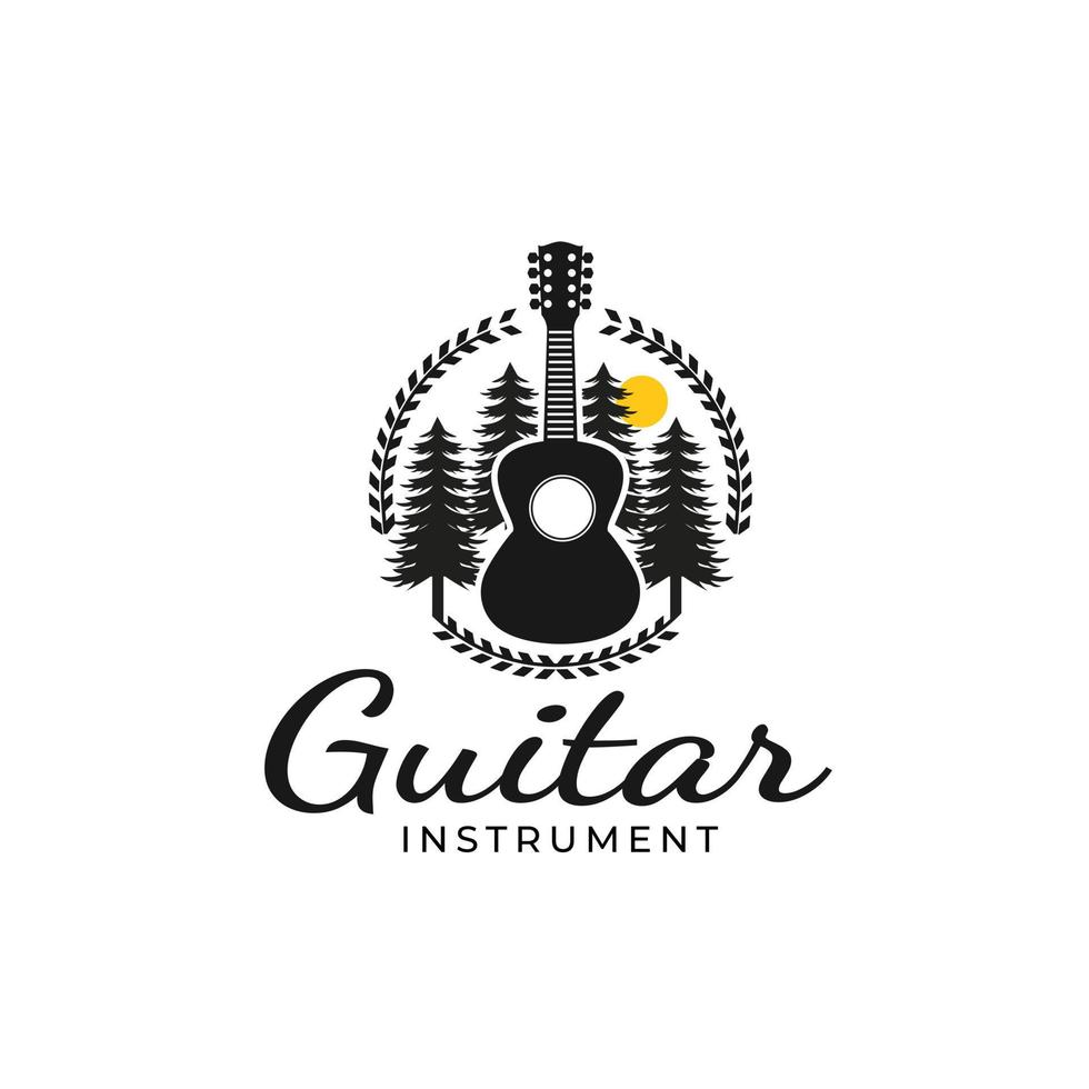 strumento musicale country logo design con chitarra, elementi dell'albero vettore