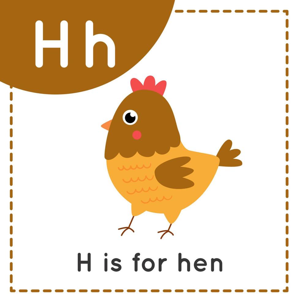 imparare l'alfabeto inglese per bambini. lettera h. gallina simpatico cartone animato. vettore