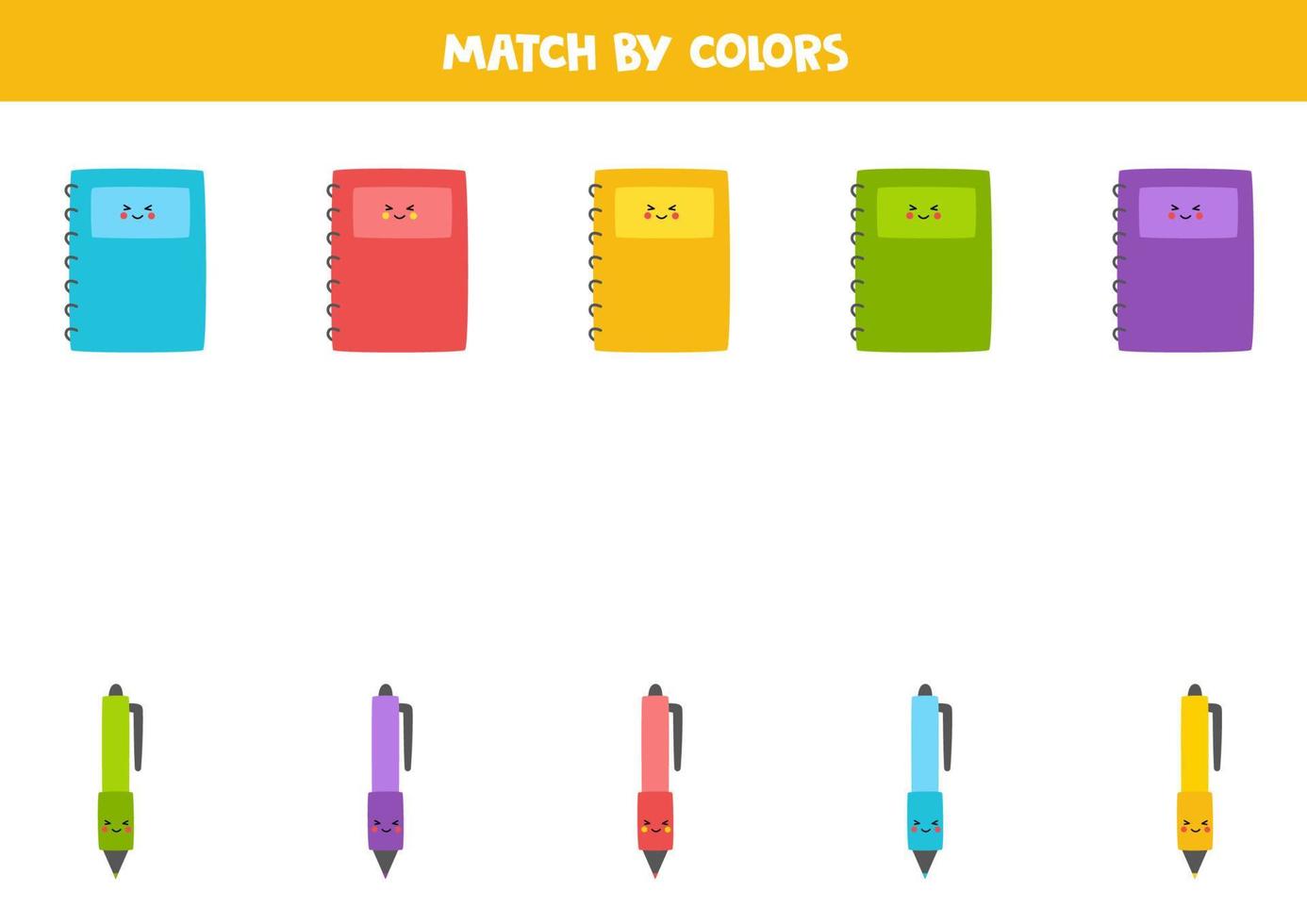 gioco di corrispondenza dei colori per bambini in età prescolare. abbina quaderni e penne in base ai colori. vettore
