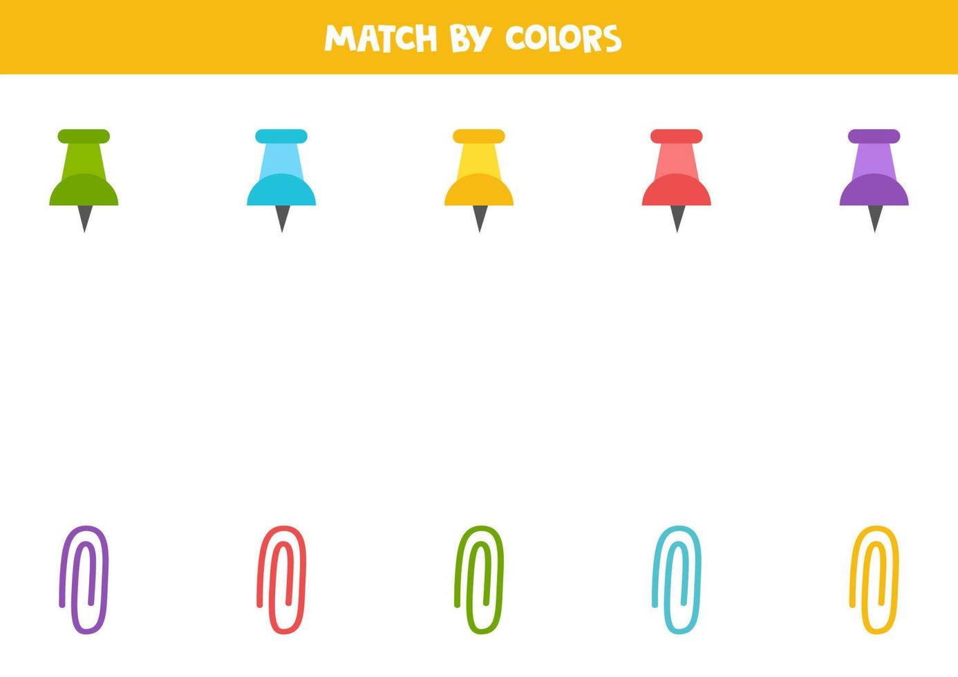 gioco di corrispondenza dei colori per bambini in età prescolare. abbina puntine e graffette in base ai colori. vettore