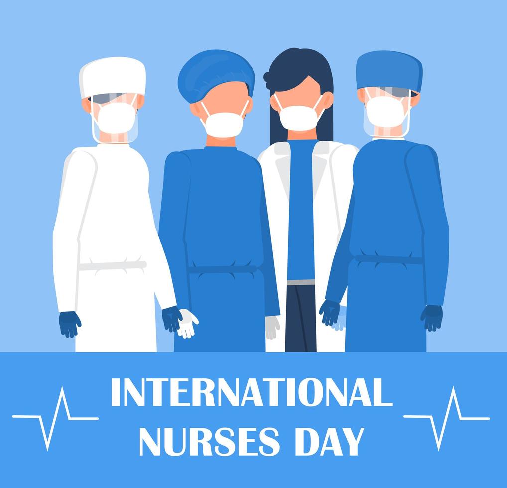 a maggio si celebra la giornata internazionale degli infermieri. il personale medico è in piedi. infermieri e medici indossano maschere mediche. banner sanitario, vettore poster