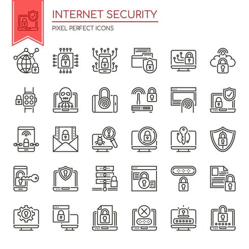 Set di icone di sicurezza Internet bianco e nero linea sottile vettore