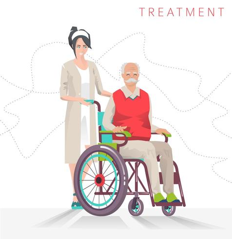 Donna con uomo anziano in sedia a rotelle vettore