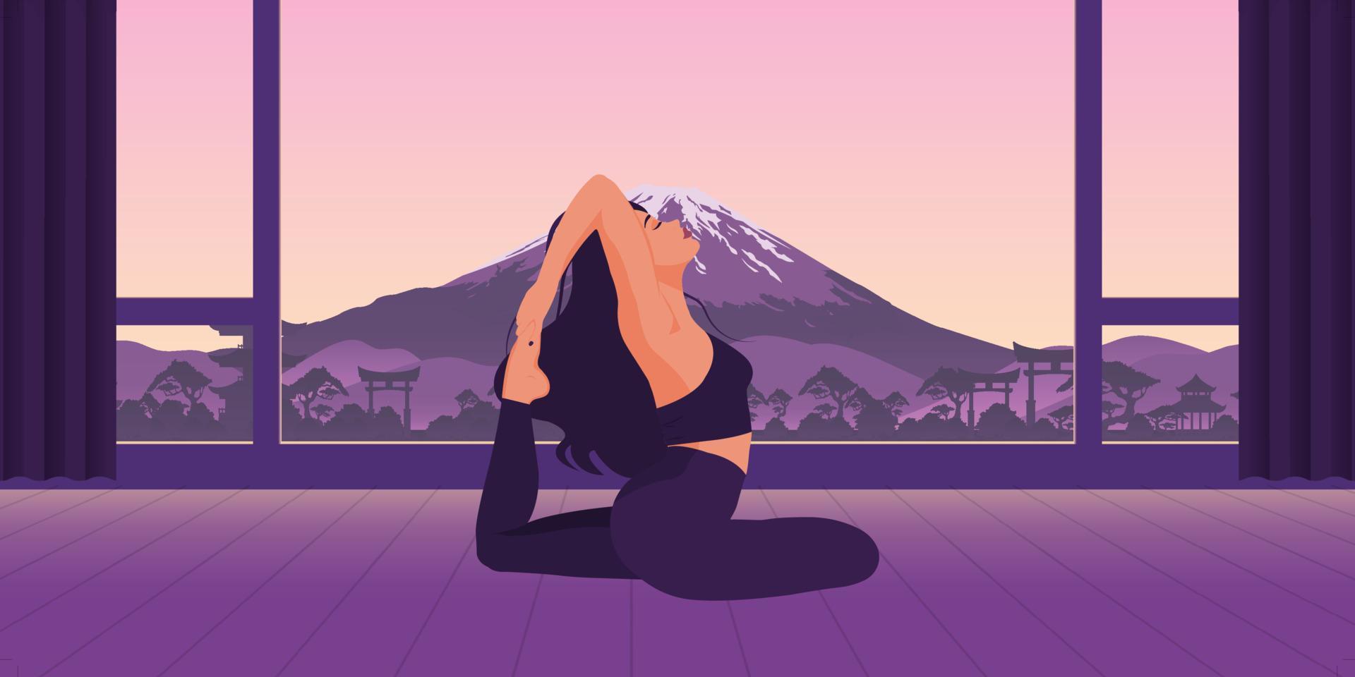 illustrazione vettoriale raffigurante una meditazione serale in natura. una bella ragazza che fa yoga. città asiatica e montagna sullo sfondo. stile di vita moderno di persone di successo