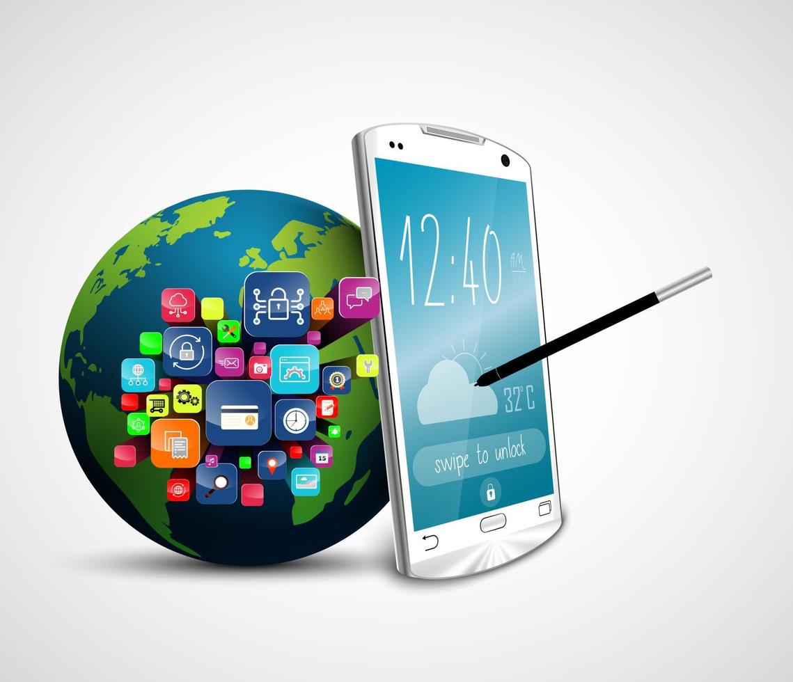 le icone delle applicazioni del globo terrestre con la penna sullo schermo del telefono cellulare hanno isolato lo sfondo bianco vettore