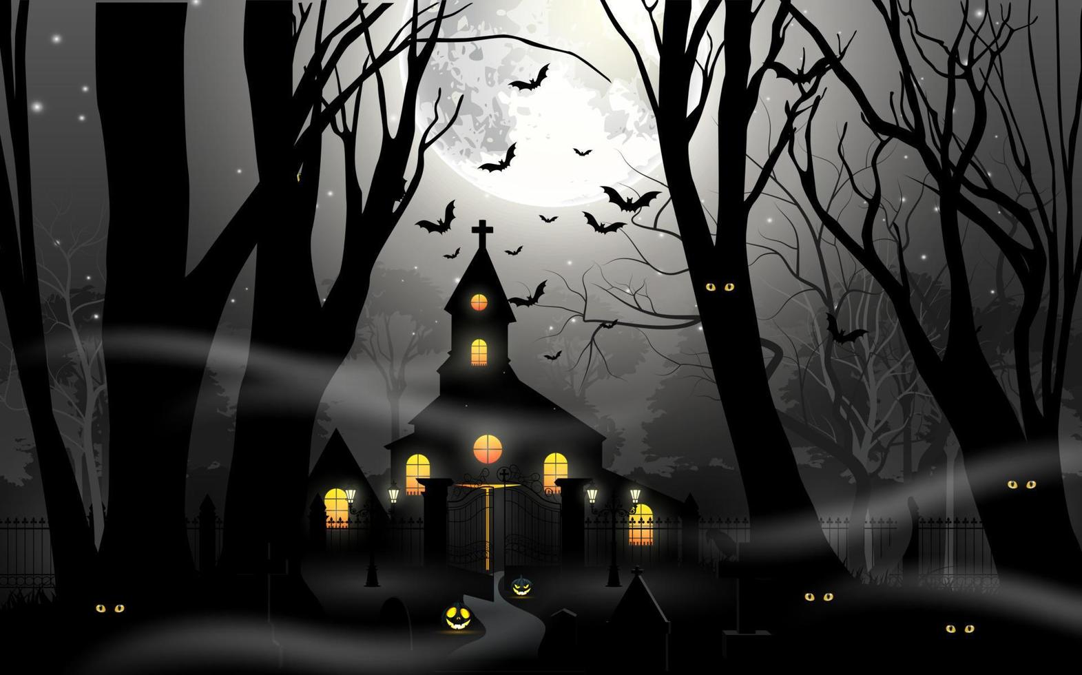 casa stregata con zucca nella foresta nebbiosa nella luna piena. illustrazione vettoriale
