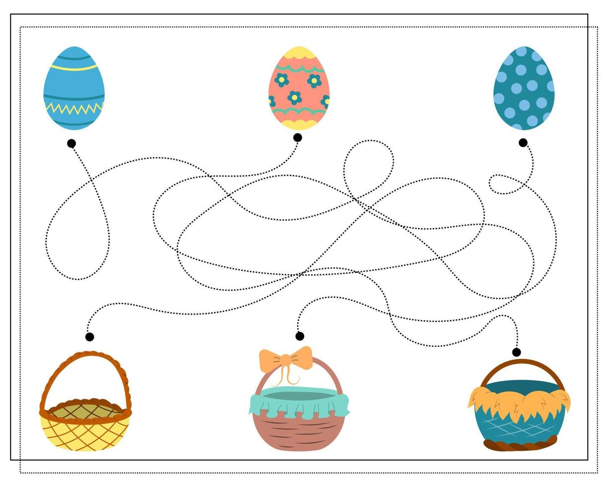 gioco di logica per bambini scorri i punti, attraversa il labirinto. uova di Pasqua e cesti vettore