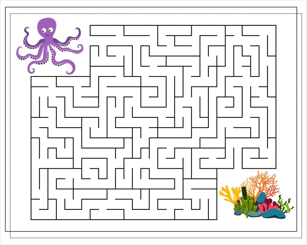 un gioco di labirinti per bambini. guida il polpo attraverso il labirinto fino ai coralli. vettore