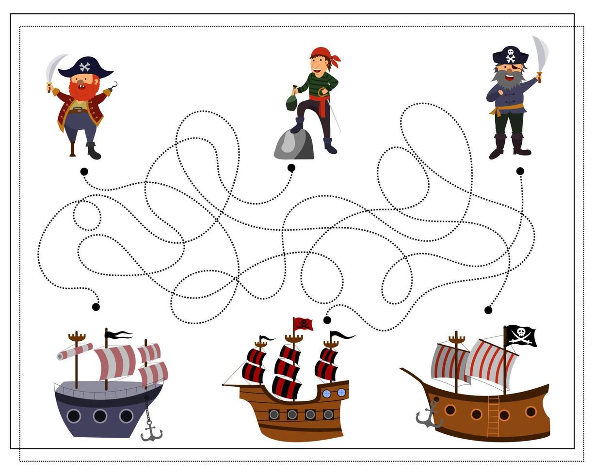 un gioco per bambini, attraversa un labirinto, pirati e una nave pirata vettore