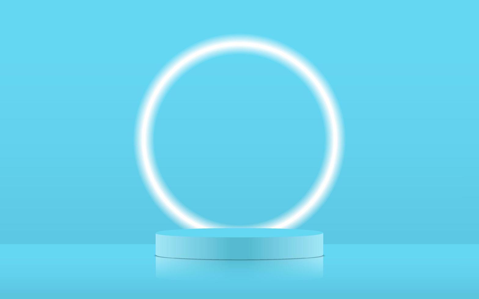 scena del podio del prodotto vuoto pastello blu realistico isolata con luce al neon rotonda su sfondo blu. scena di simulazione del cilindro. forma rotonda geometrica per il marchio del prodotto. illustrazione vettoriale 3d