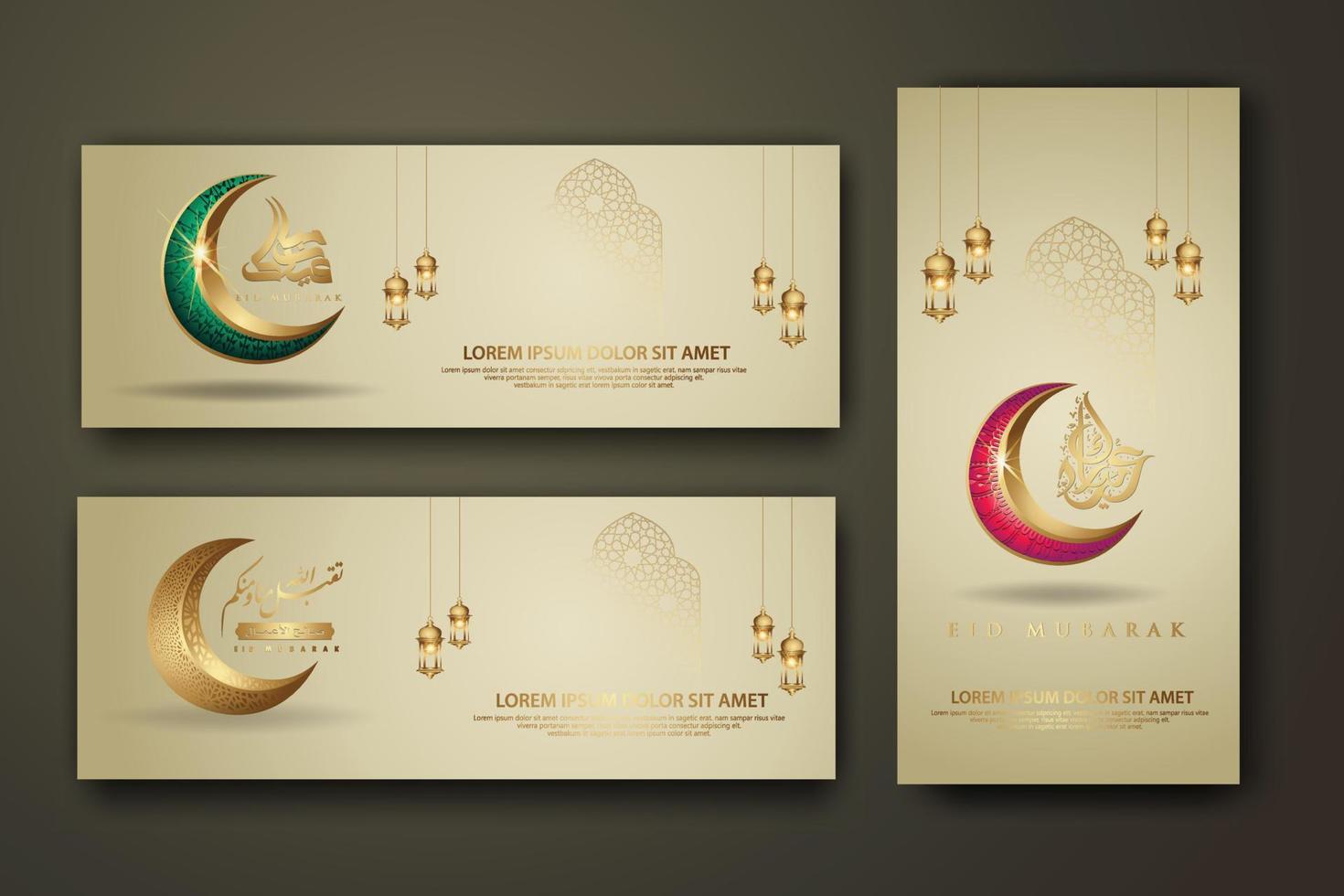 eid al fitr calligrafia islamica, set banner modello con luna crescente, lanterna tradizionale e moschea motivo texture sfondo islamico vettore