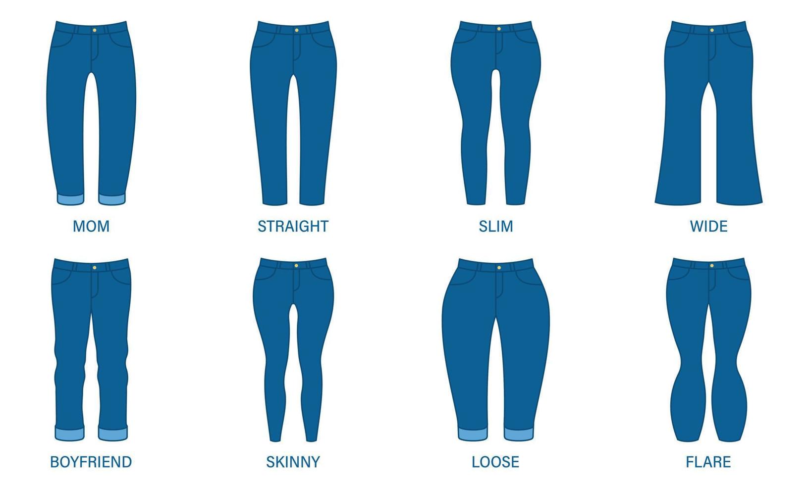 stile femminile dei pantaloni del denim. tipo di jeans donna. pittogramma silhouette skinny, boyfriend, loose, slim, straight, mom, flare, wide jeans. stile pantaloni da donna blu. illustrazione vettoriale isolata.