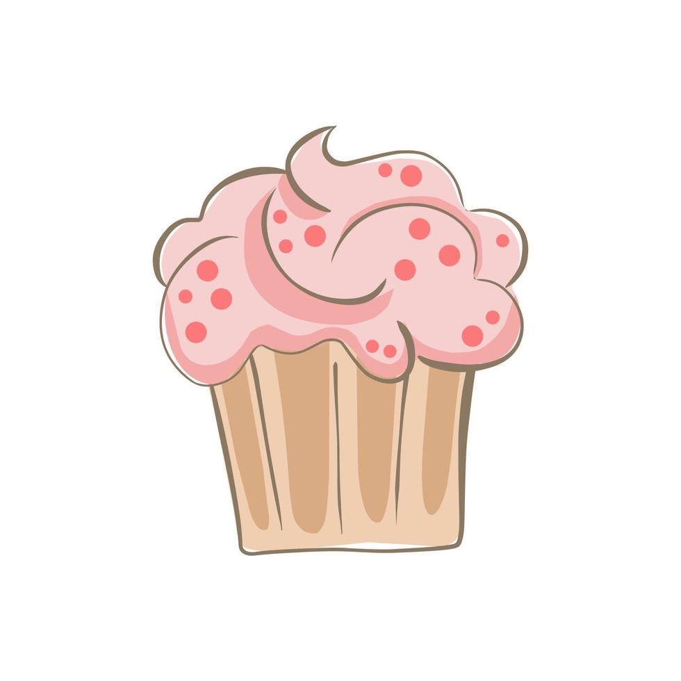 cupcake disegnato a mano con crema e topping. semplice illustrazione di cibo cartone animato di torta vettore