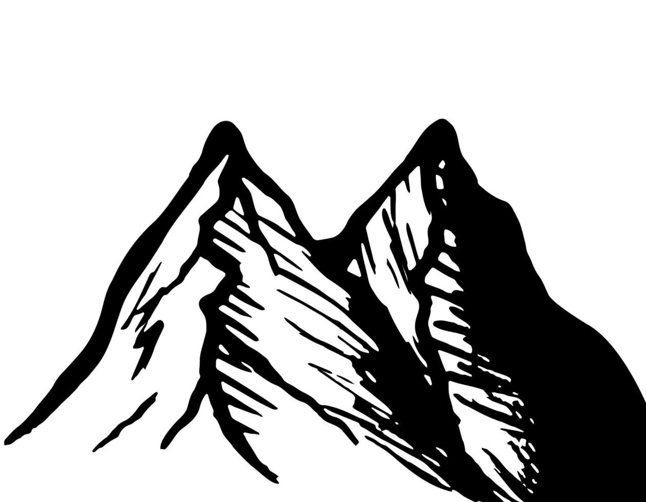 semplice elemento grafico di design del logo della montagna, doodle isolato modello di etichetta dello schizzo della natura di viaggio, illustrazione vettoriale del concetto di escursionismo in collina grunge, stampa del pittogramma a forma di ombra nera roccia.