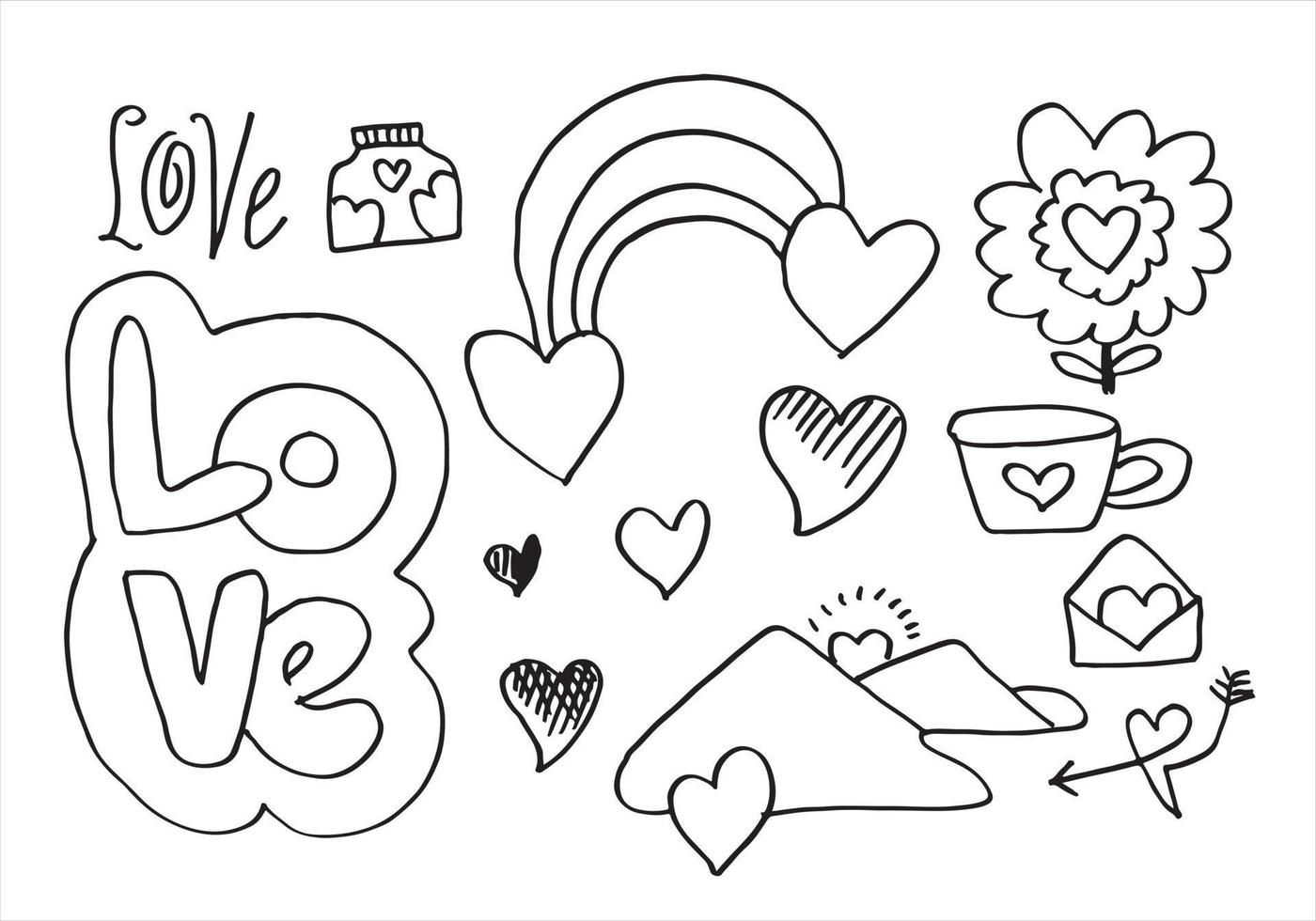 set di simpatici elementi di doodle di san valentino. cuori, fiori, tazza da tè, collina e altro ancora. illustrazione vettoriale per il tuo design.