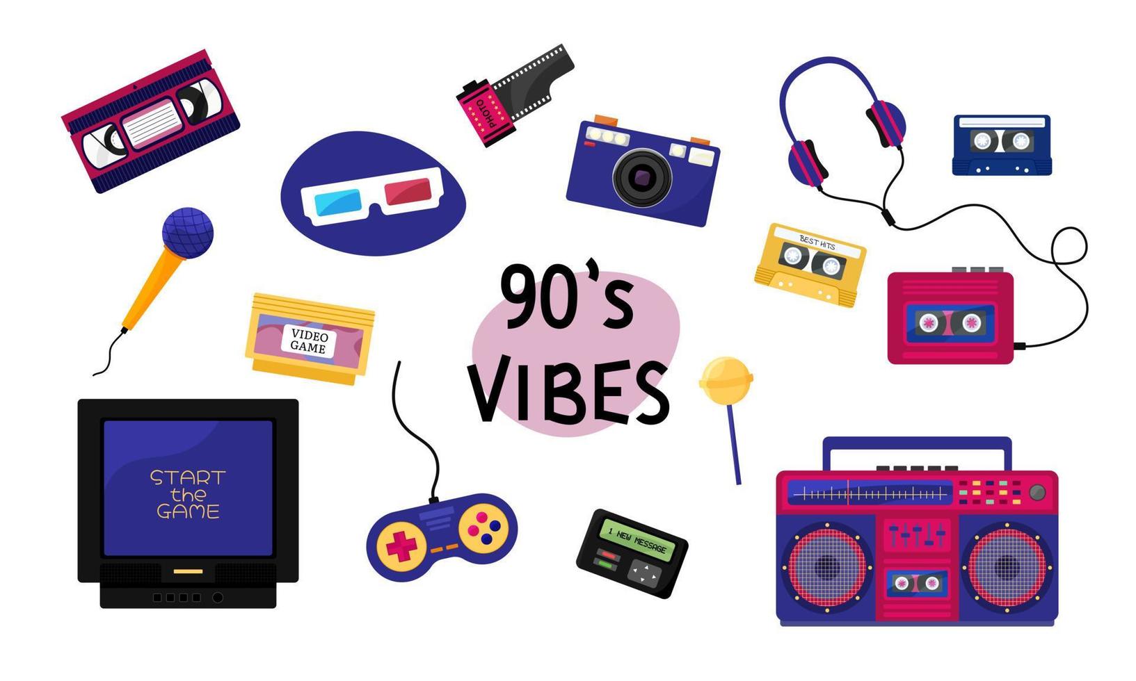 Set di vibrazioni anni '90. collezione di elementi alla moda degli anni '90. tecnica retrò, cose, intrattenimento e apparecchiature musicali isolate su sfondo bianco. torna all'illustrazione piatta vettoriale degli anni '90